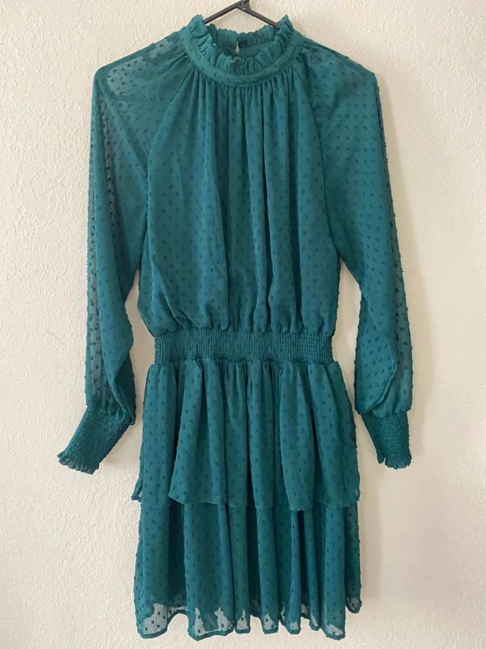 MUD PIE Green Swiss Dot Tiered Long Sleeve Mini Dress - Picture 2 of 14